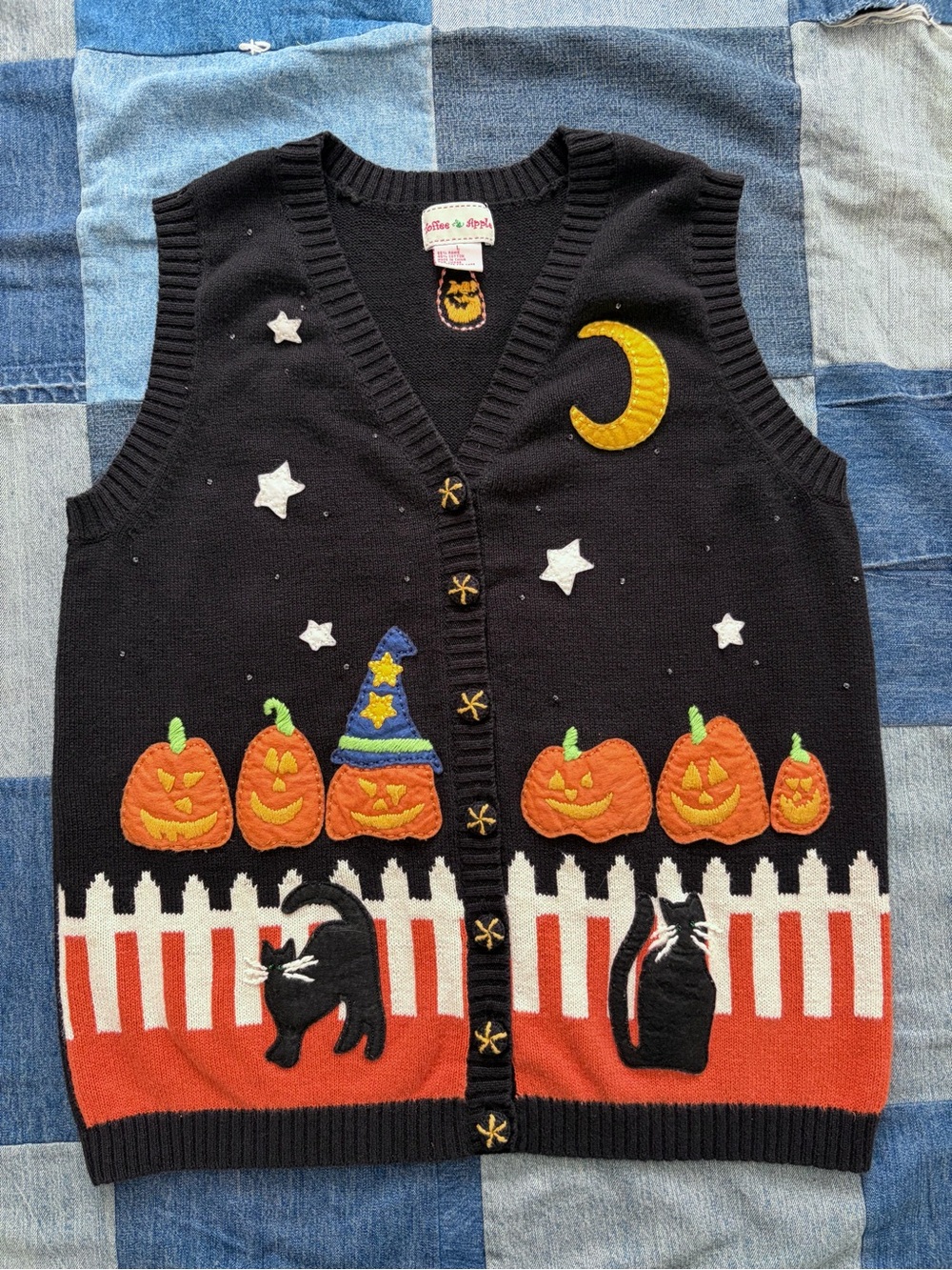 90s VTG Halloween Knit Sweater Vest Moon Cat Teacher Core Embroidered Pumpkin L
